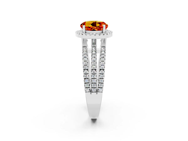 Silver Round Cut Citrine Halo Engagement Ring with Split Shank and Four-Prong Setting