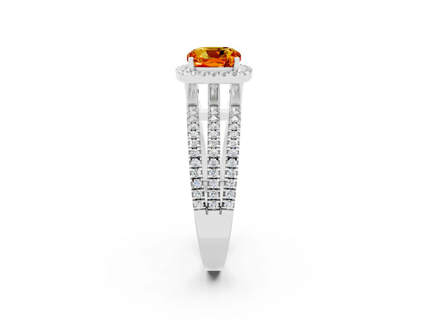 Platinum Cushion Cut Citrine Halo Engagement Ring with Split Shank and Four-Prong Setting