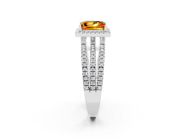 Platinum Princess Cut Citrine Halo Engagement Ring with Split Shank and Four-Prong Setting