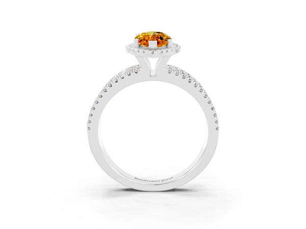 Platinum Marquise Cut Citrine Halo Engagement Ring with Split Shank and Four-Prong Setting