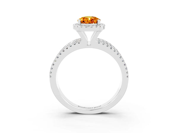 Silver Pear Cut Citrine Halo Engagement Ring with Split Shank and Four-Prong Setting