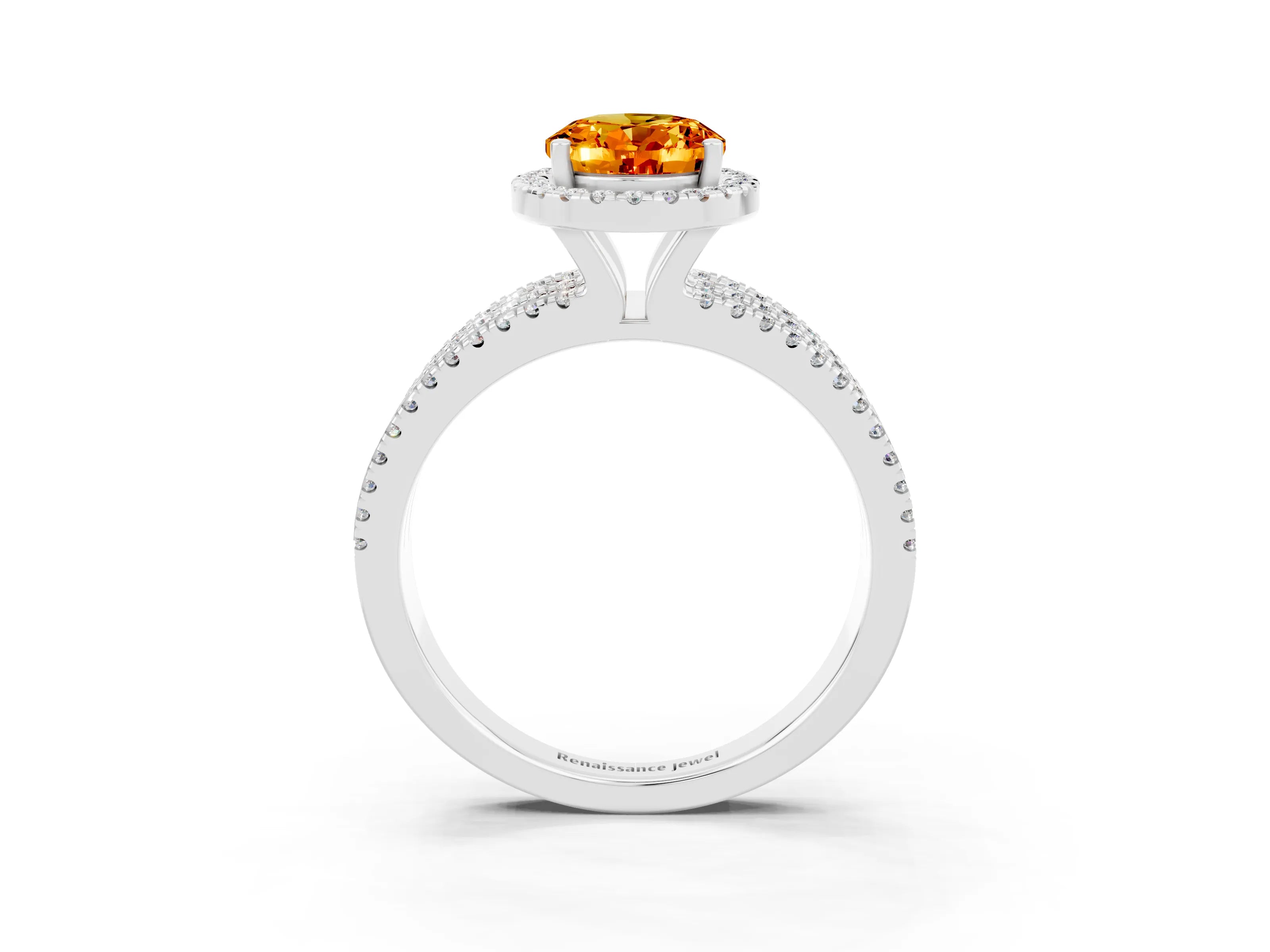 White gold {shape_name} Citrine Halo Engagement Ring with Split Shank and Four-Prong Setting_3