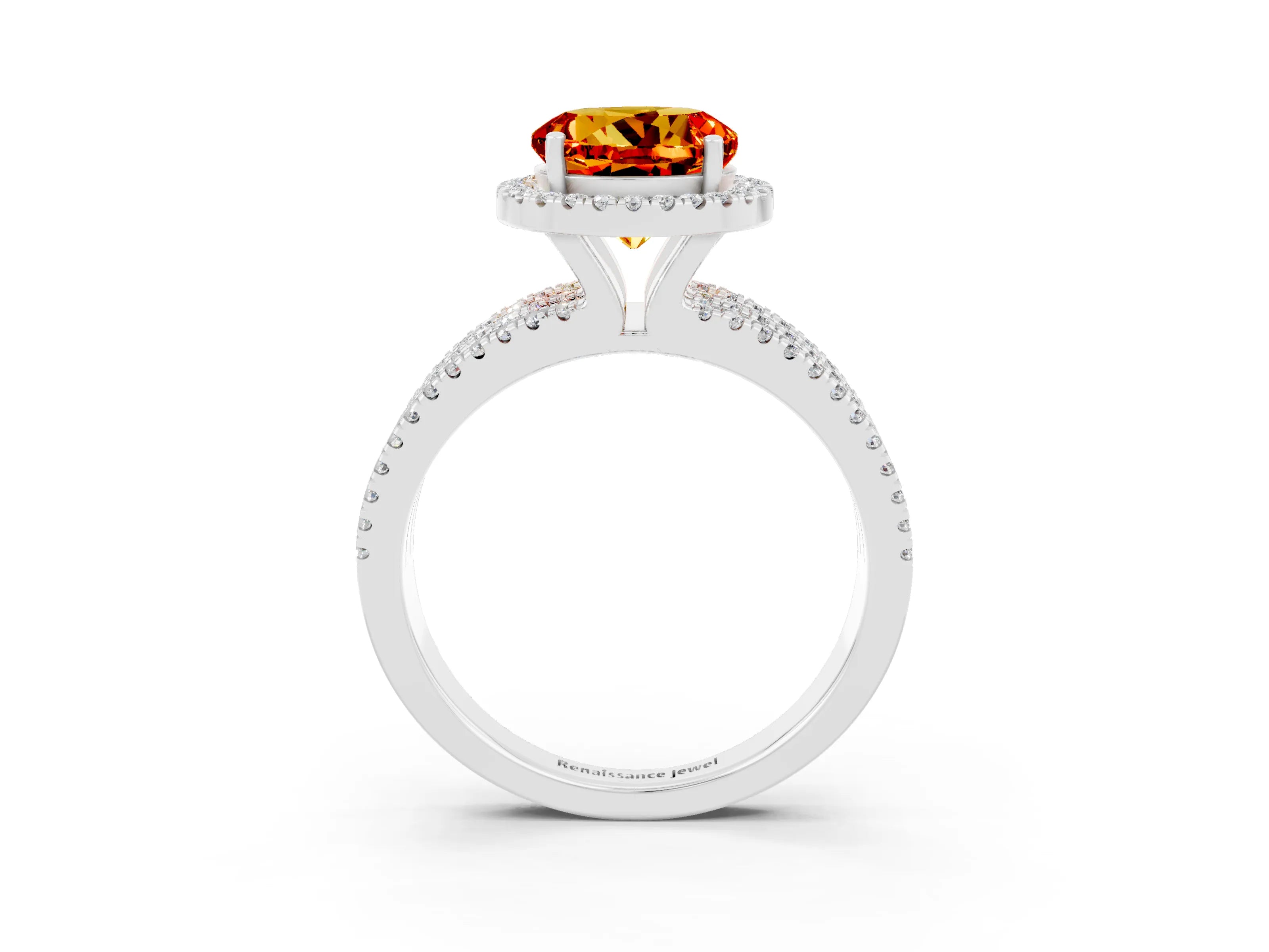 White gold {shape_name} Citrine Halo Engagement Ring with Split Shank and Four-Prong Setting_3