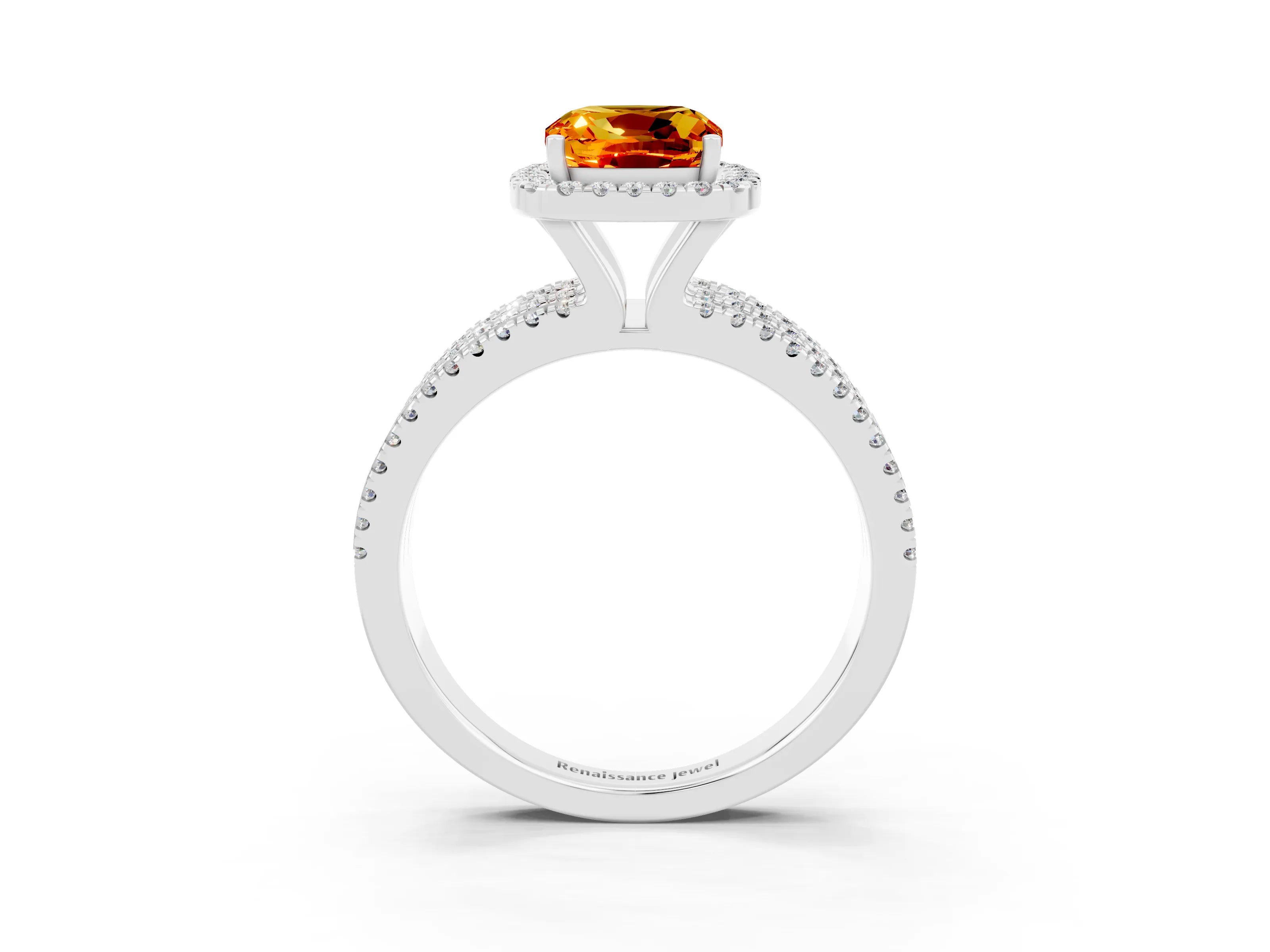 White gold {shape_name} Citrine Halo Engagement Ring with Split Shank and Four-Prong Setting_3
