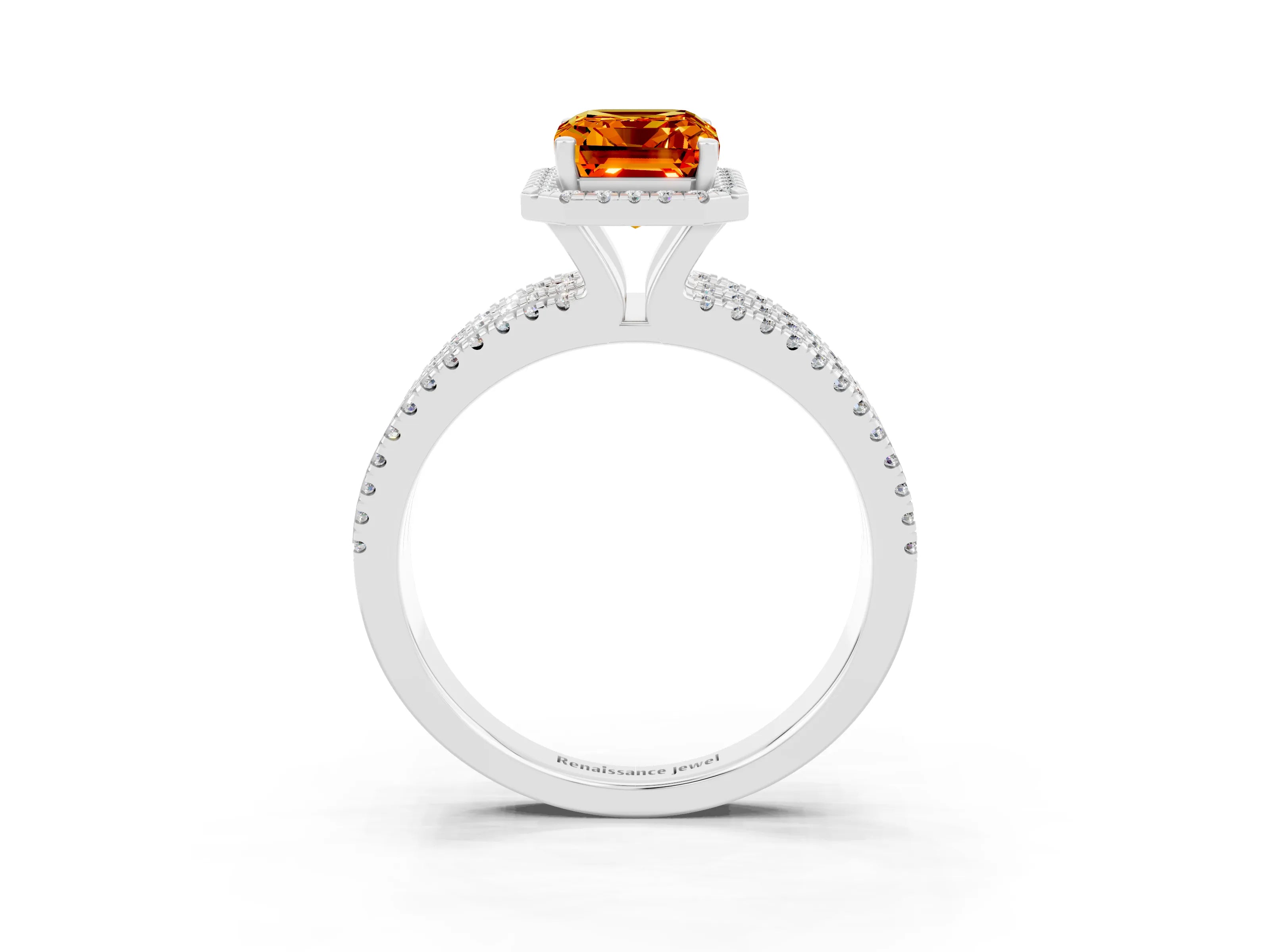 White gold {shape_name} Citrine Halo Engagement Ring with Split Shank and Four-Prong Setting_3