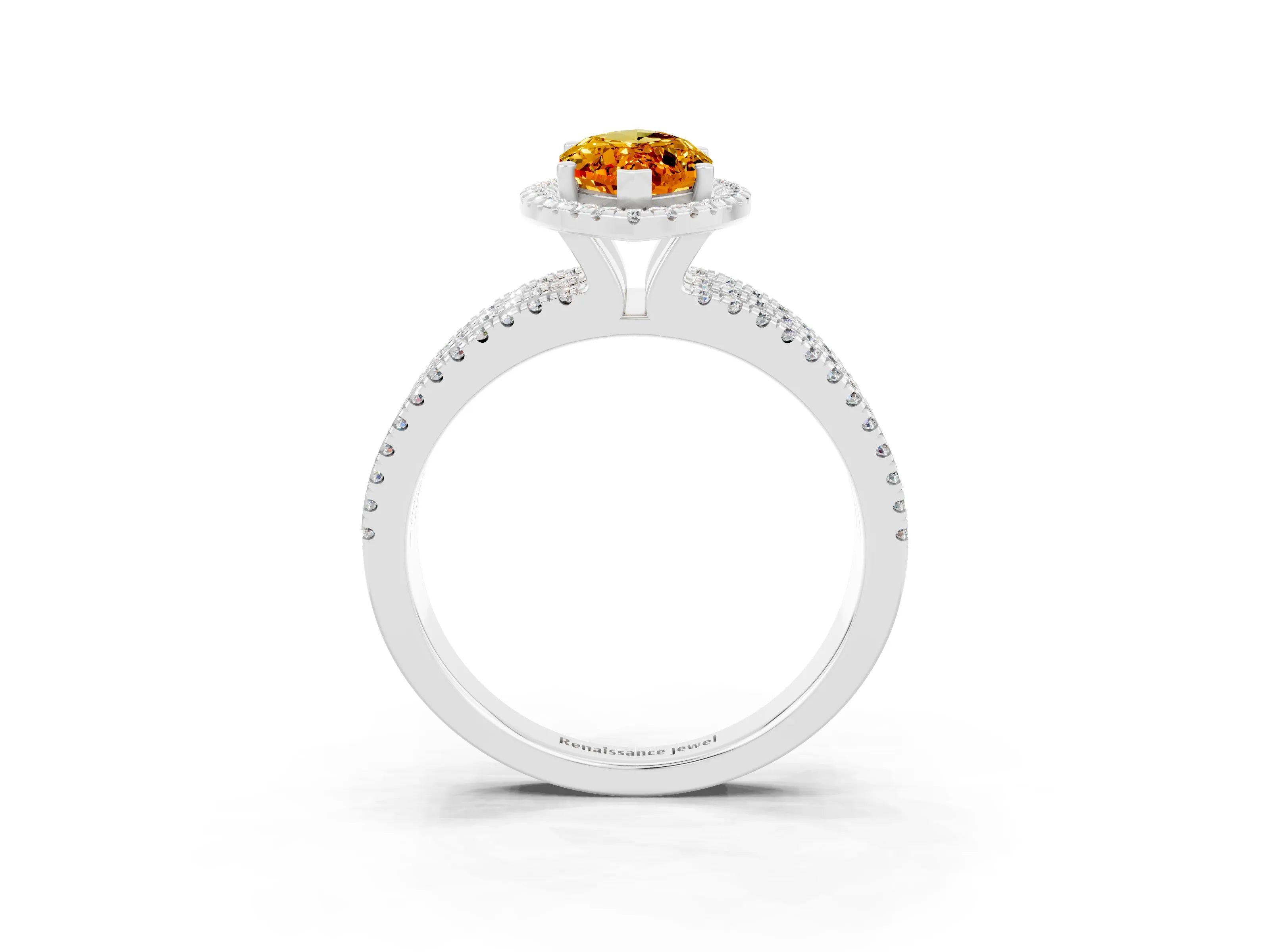 White gold {shape_name} Citrine Halo Engagement Ring with Split Shank and Four-Prong Setting_3