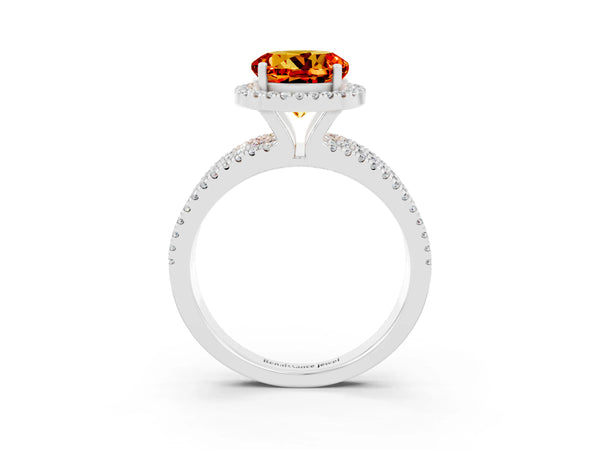 Platinum Round Cut Citrine Halo Engagement Ring with Split Shank and Four-Prong Setting