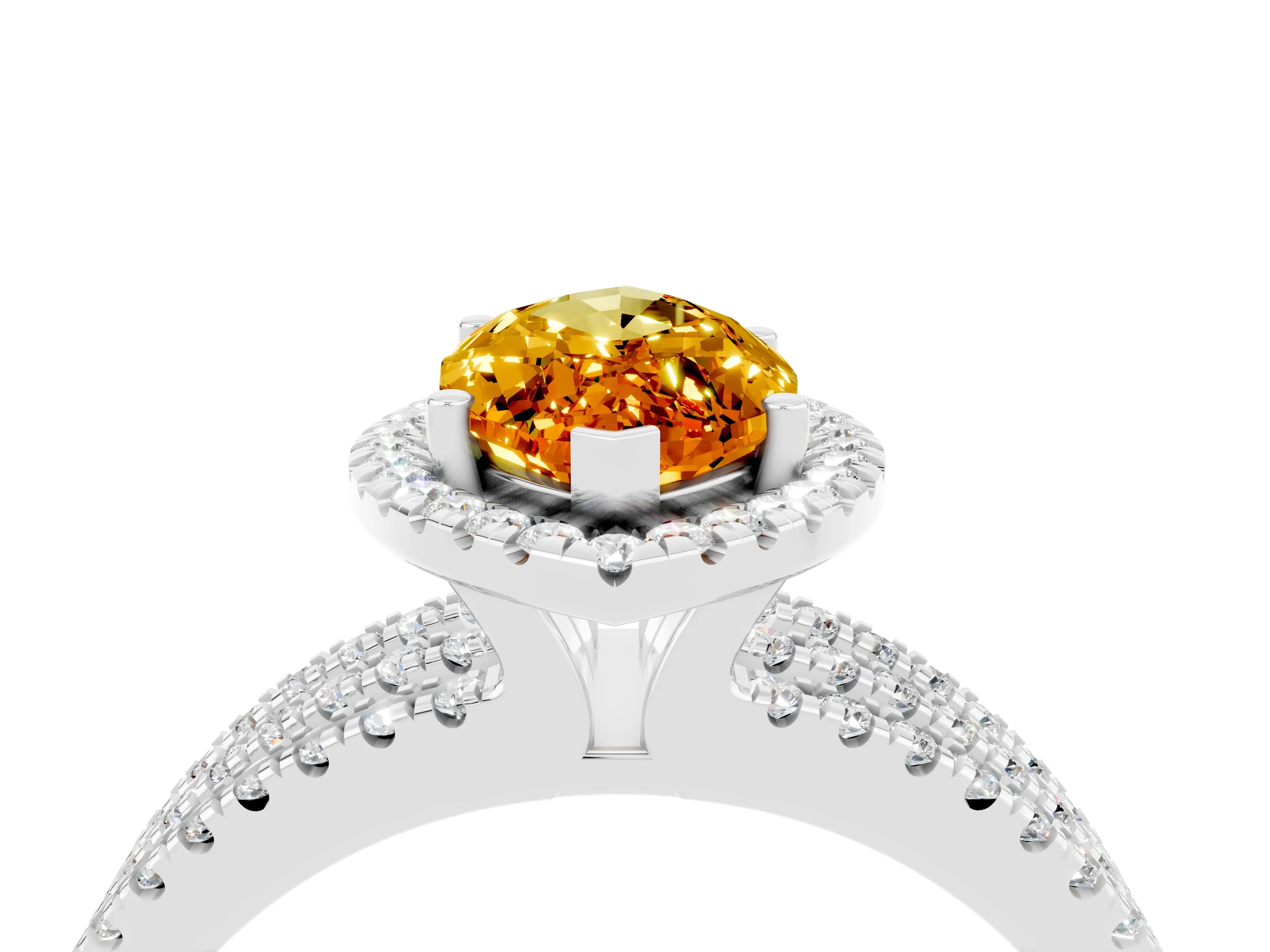White gold {shape_name} Citrine Halo Engagement Ring with Split Shank and Four-Prong Setting_4