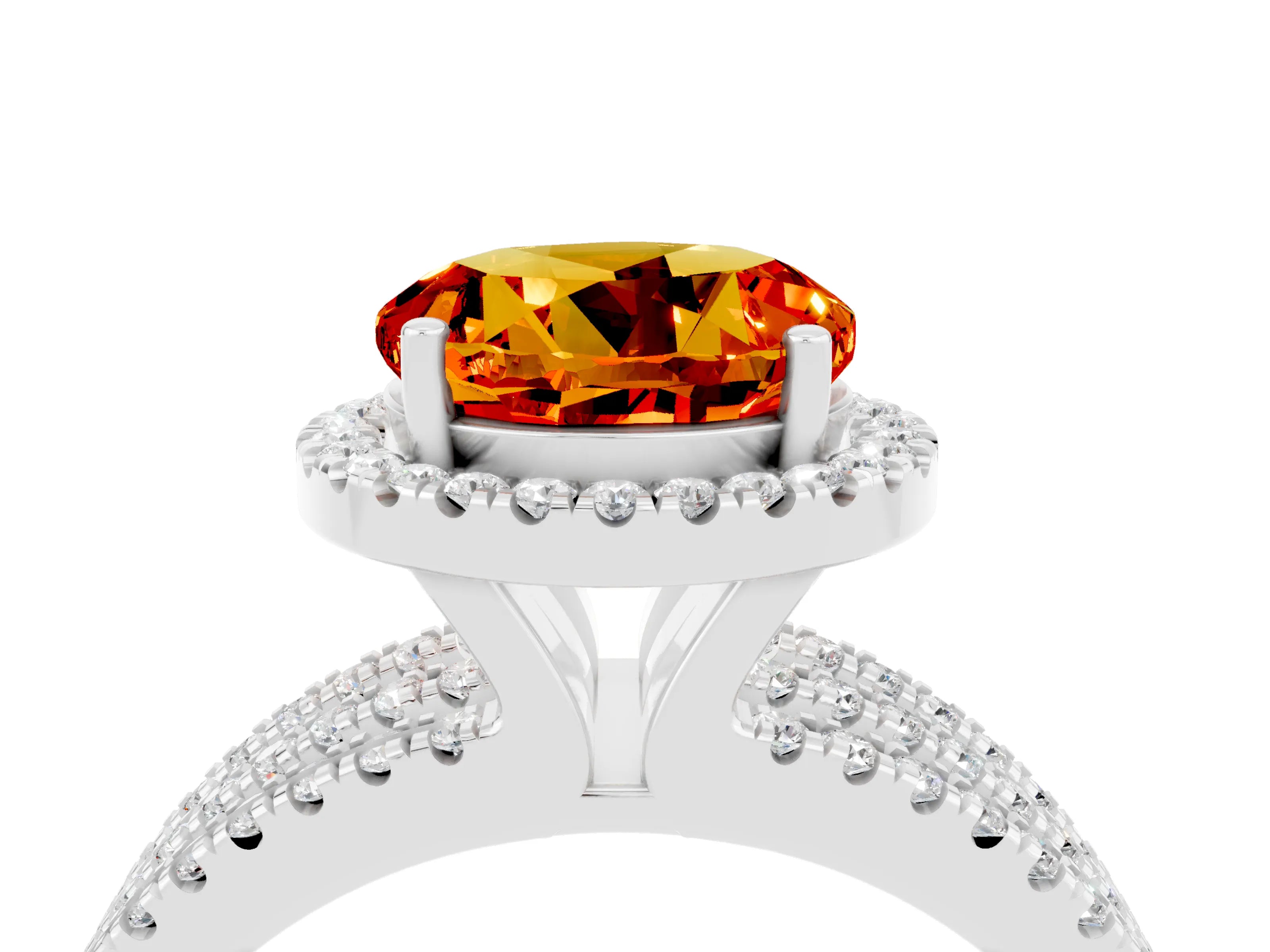 White gold {shape_name} Citrine Halo Engagement Ring with Split Shank and Four-Prong Setting_4