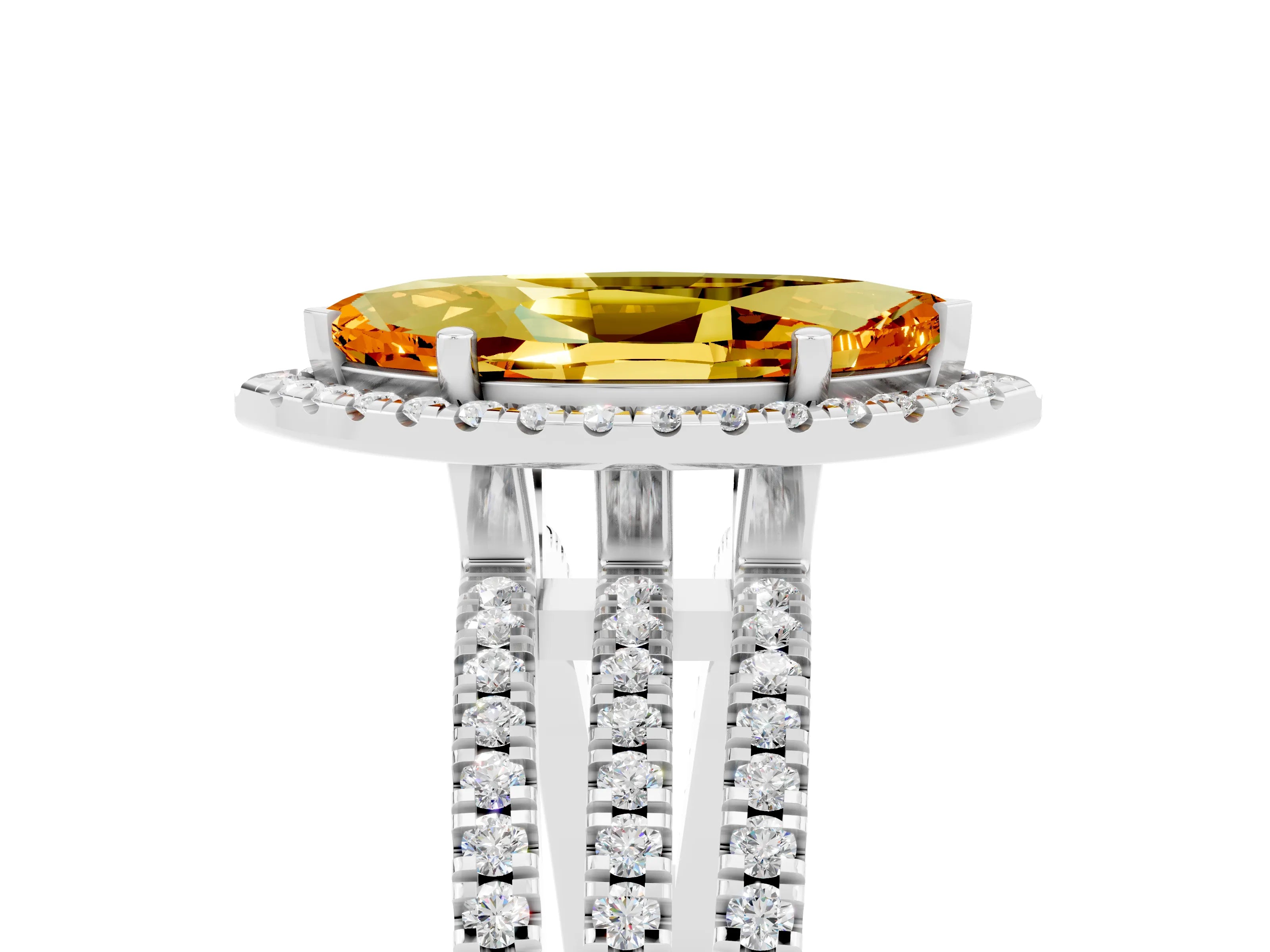 White gold {shape_name} Citrine Halo Engagement Ring with Split Shank and Four-Prong Setting_5