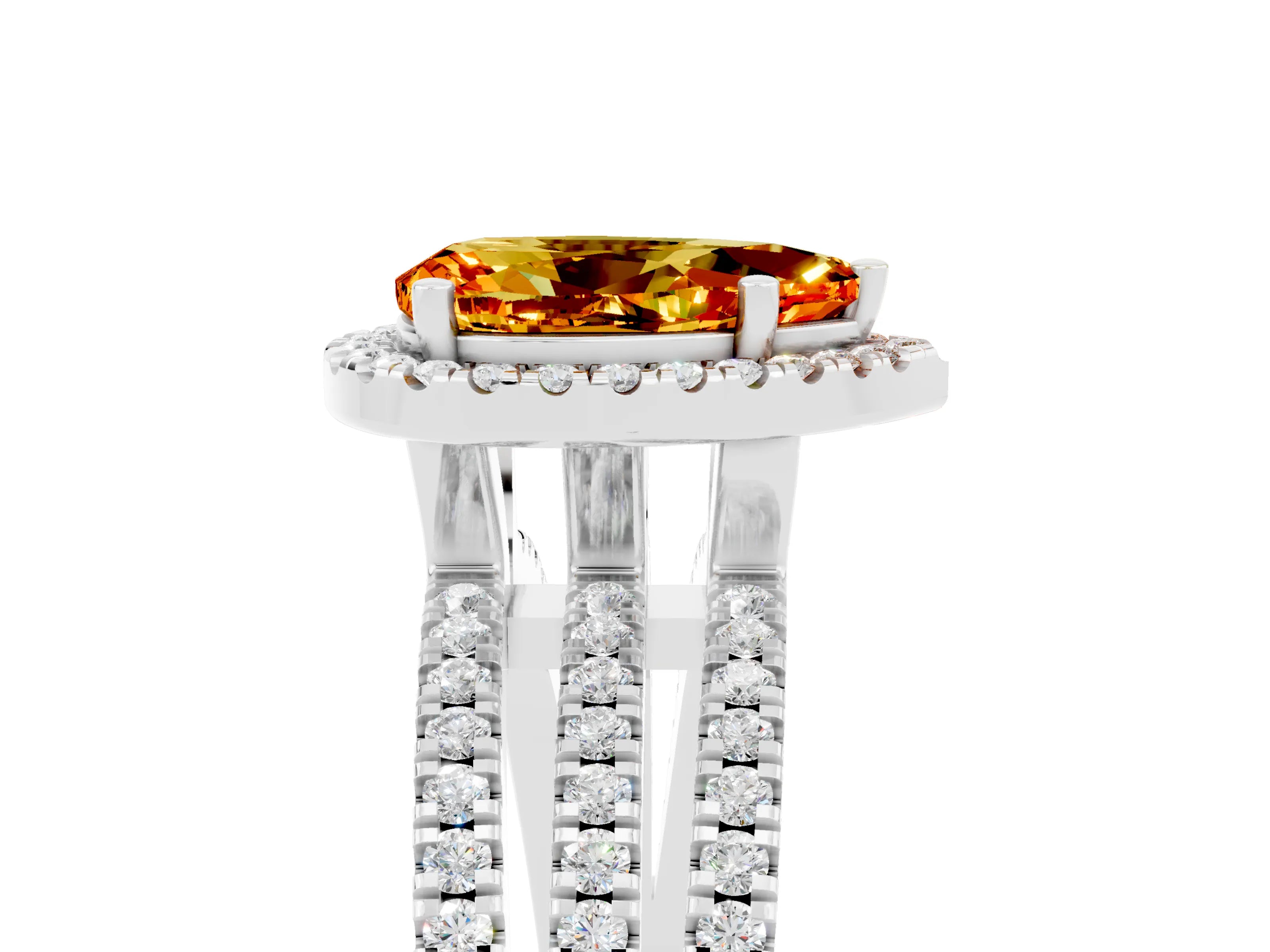 White gold {shape_name} Citrine Halo Engagement Ring with Split Shank and Four-Prong Setting_5
