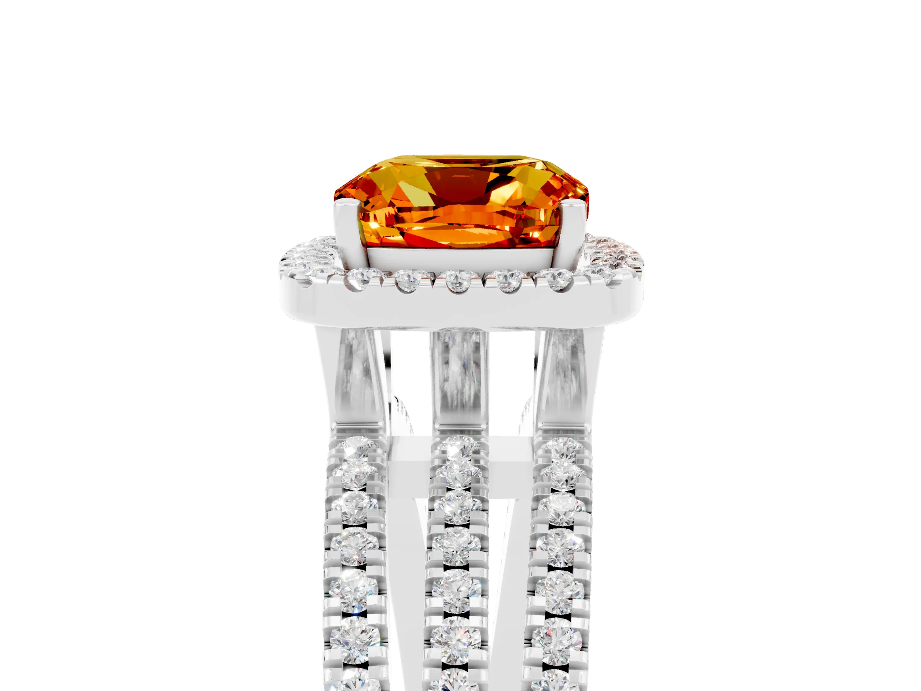 White gold {shape_name} Citrine Halo Engagement Ring with Split Shank and Four-Prong Setting_5