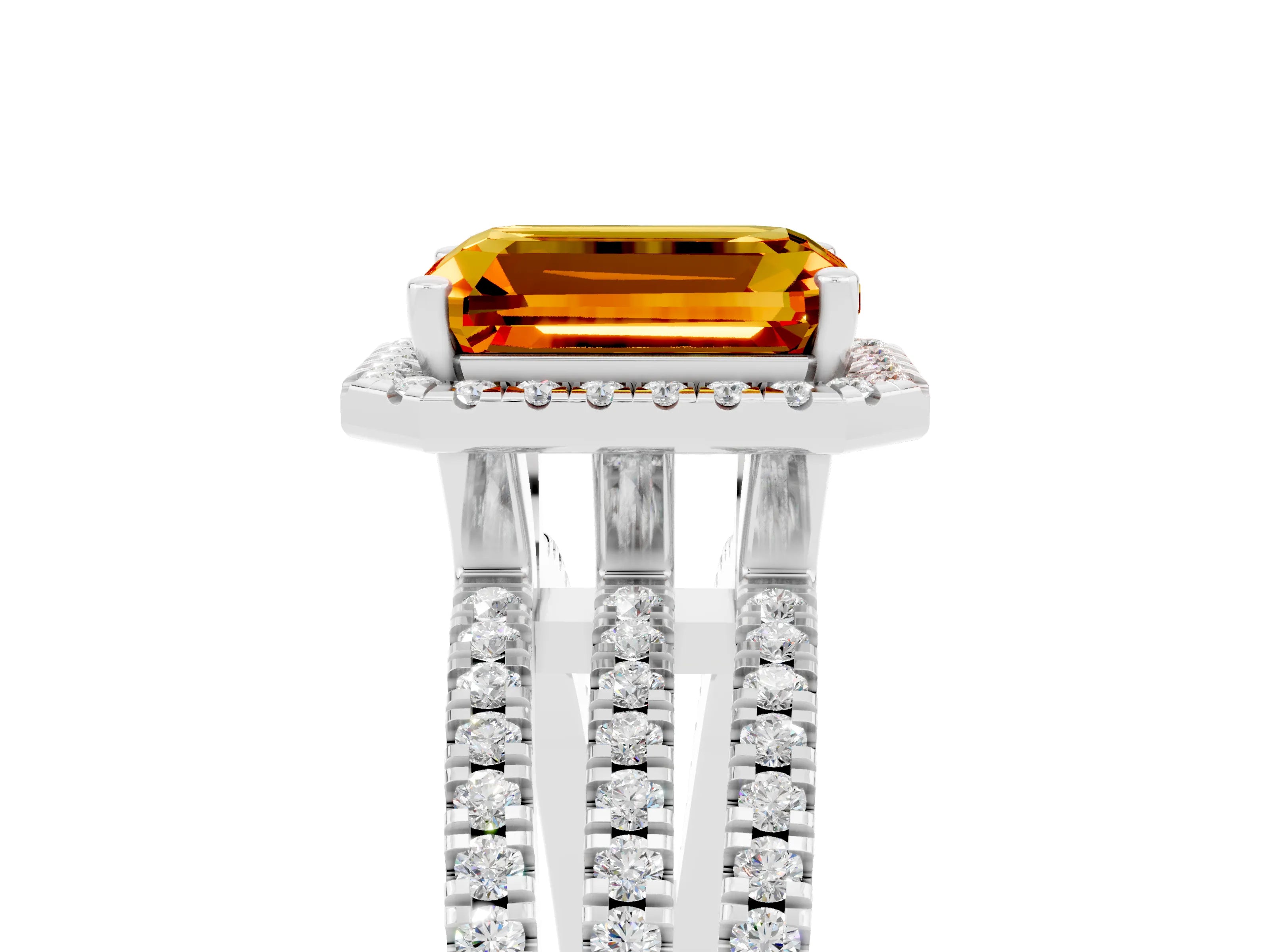 White gold {shape_name} Citrine Halo Engagement Ring with Split Shank and Four-Prong Setting_5