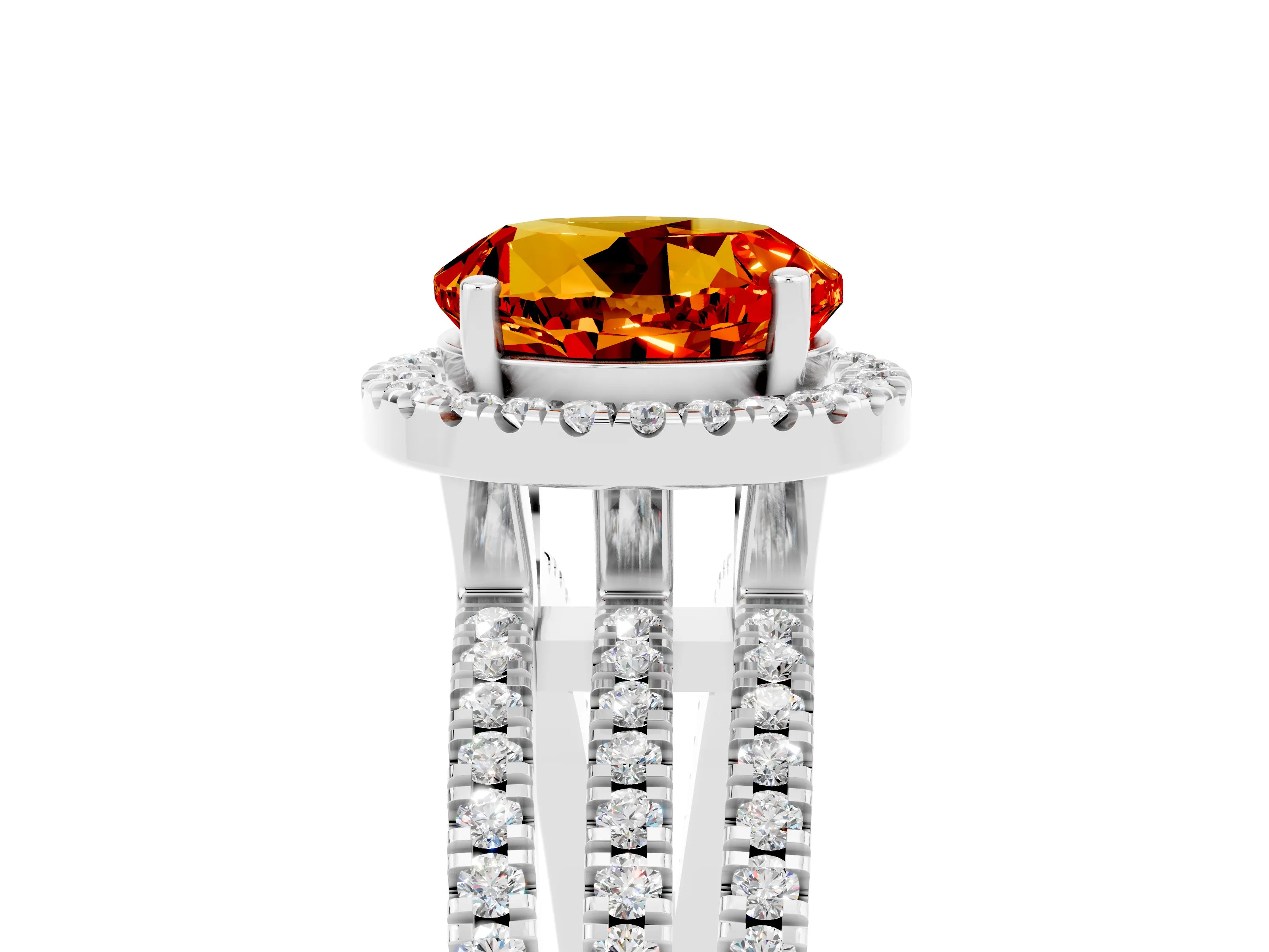 White gold {shape_name} Citrine Halo Engagement Ring with Split Shank and Four-Prong Setting_5