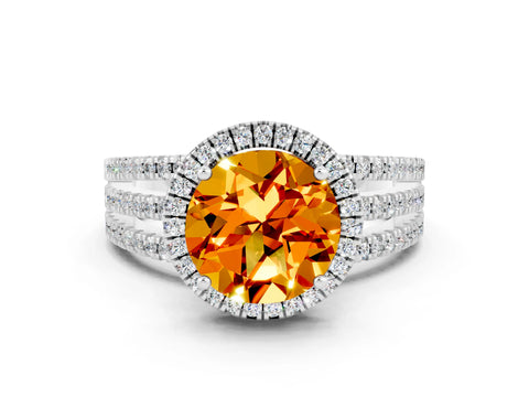White gold {shape_name} Citrine Halo Engagement Ring with Split Shank and Four-Prong Setting