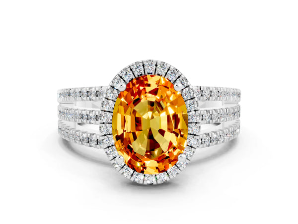 Platinum Oval Cut Citrine Halo Engagement Ring with Split Shank and Four-Prong Setting