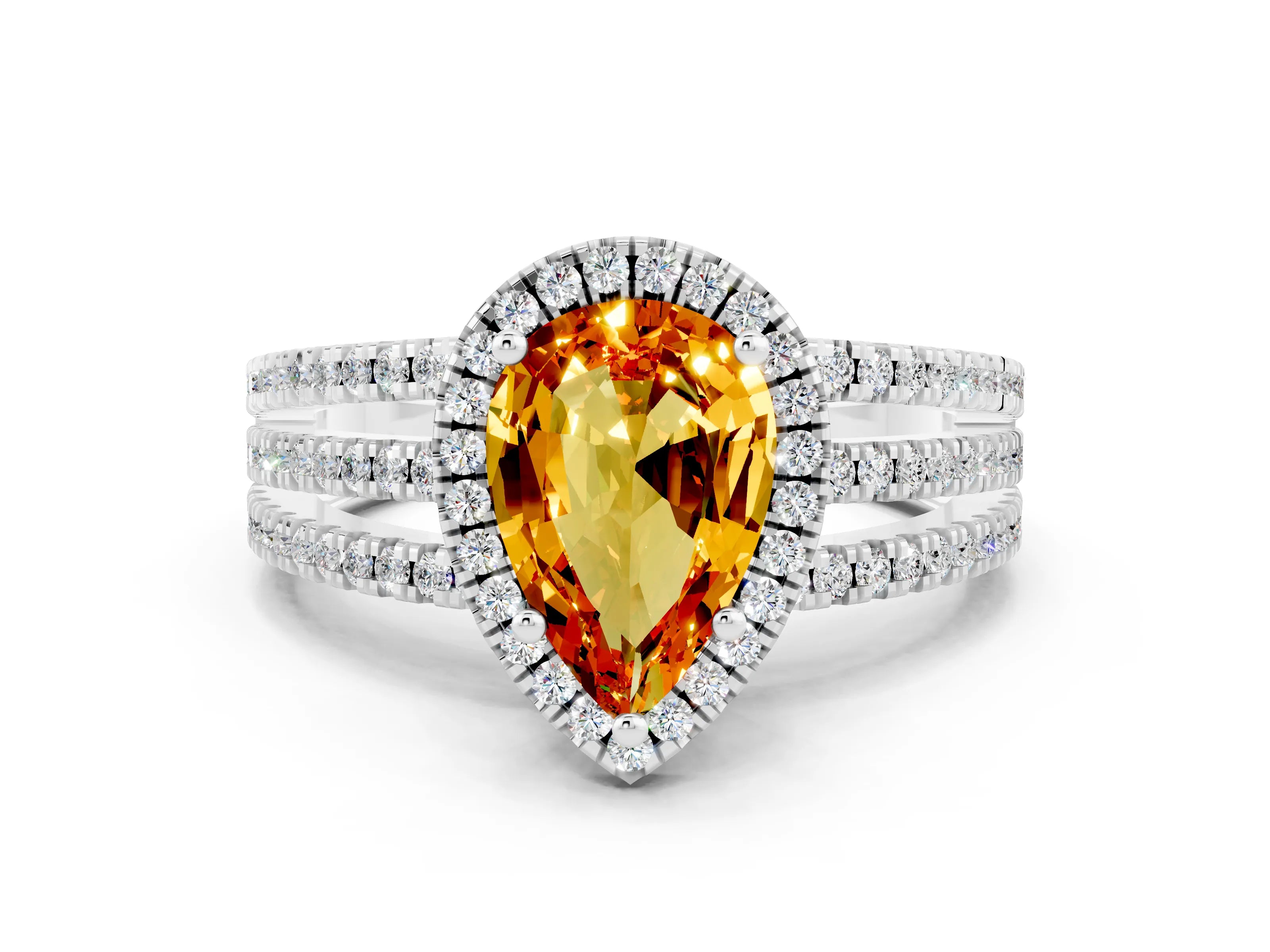 White gold {shape_name} Citrine Halo Engagement Ring with Split Shank and Four-Prong Setting