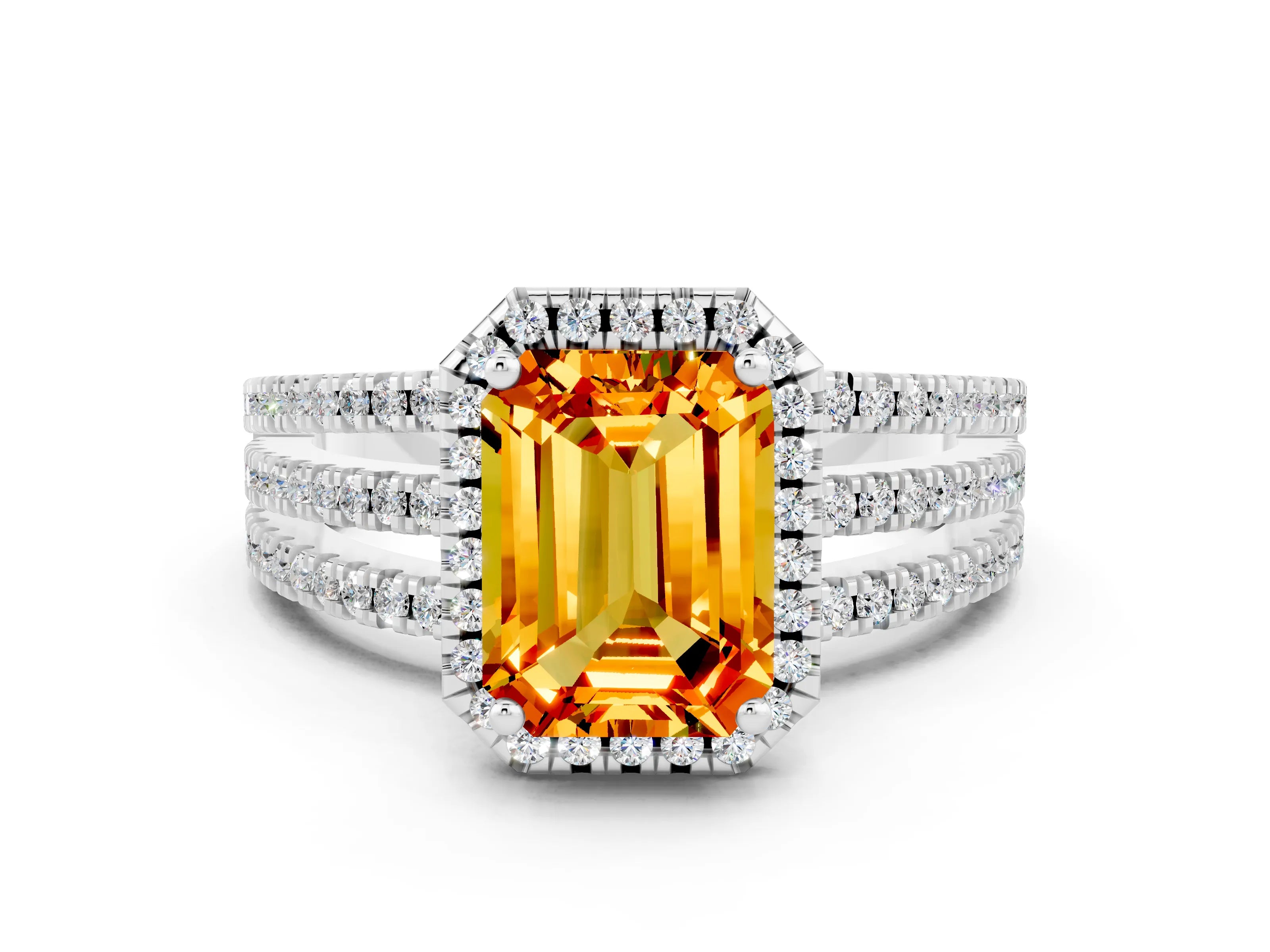 White gold {shape_name} Citrine Halo Engagement Ring with Split Shank and Four-Prong Setting