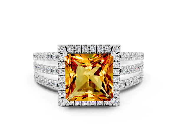 Platinum Princess Cut Citrine Halo Engagement Ring with Split Shank and Four-Prong Setting