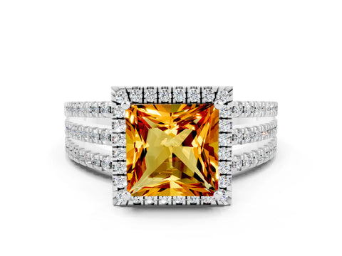 White gold {shape_name} Citrine Halo Engagement Ring with Split Shank and Four-Prong Setting