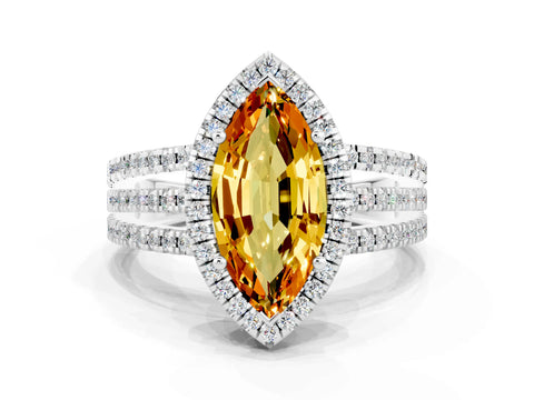 White gold {shape_name} Citrine Halo Engagement Ring with Split Shank and Four-Prong Setting