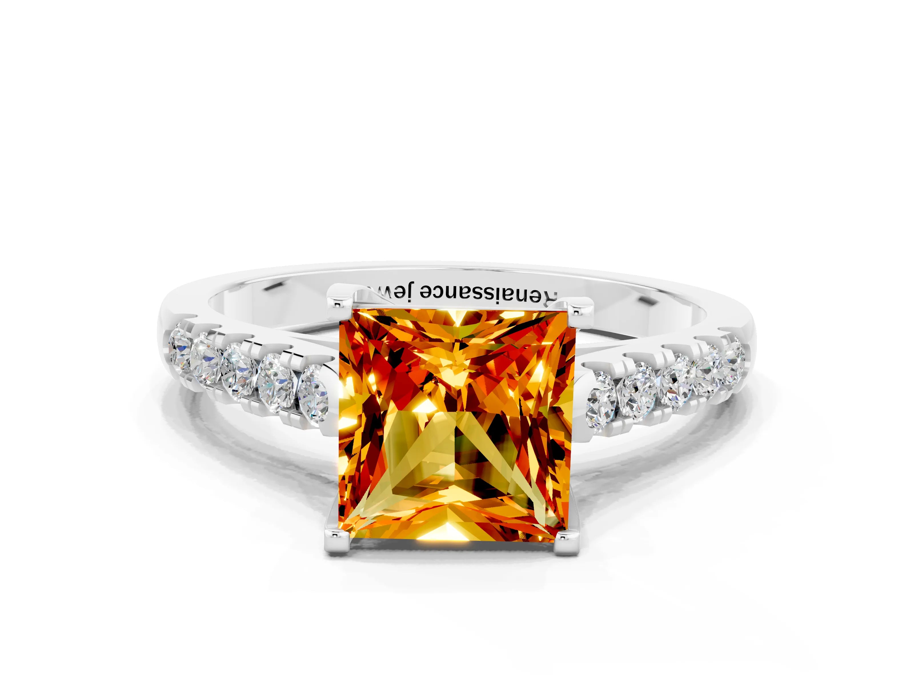 White gold {shape_name} Citrine Solitaire Ring with Pavé Band and Four-Prong Setting_12