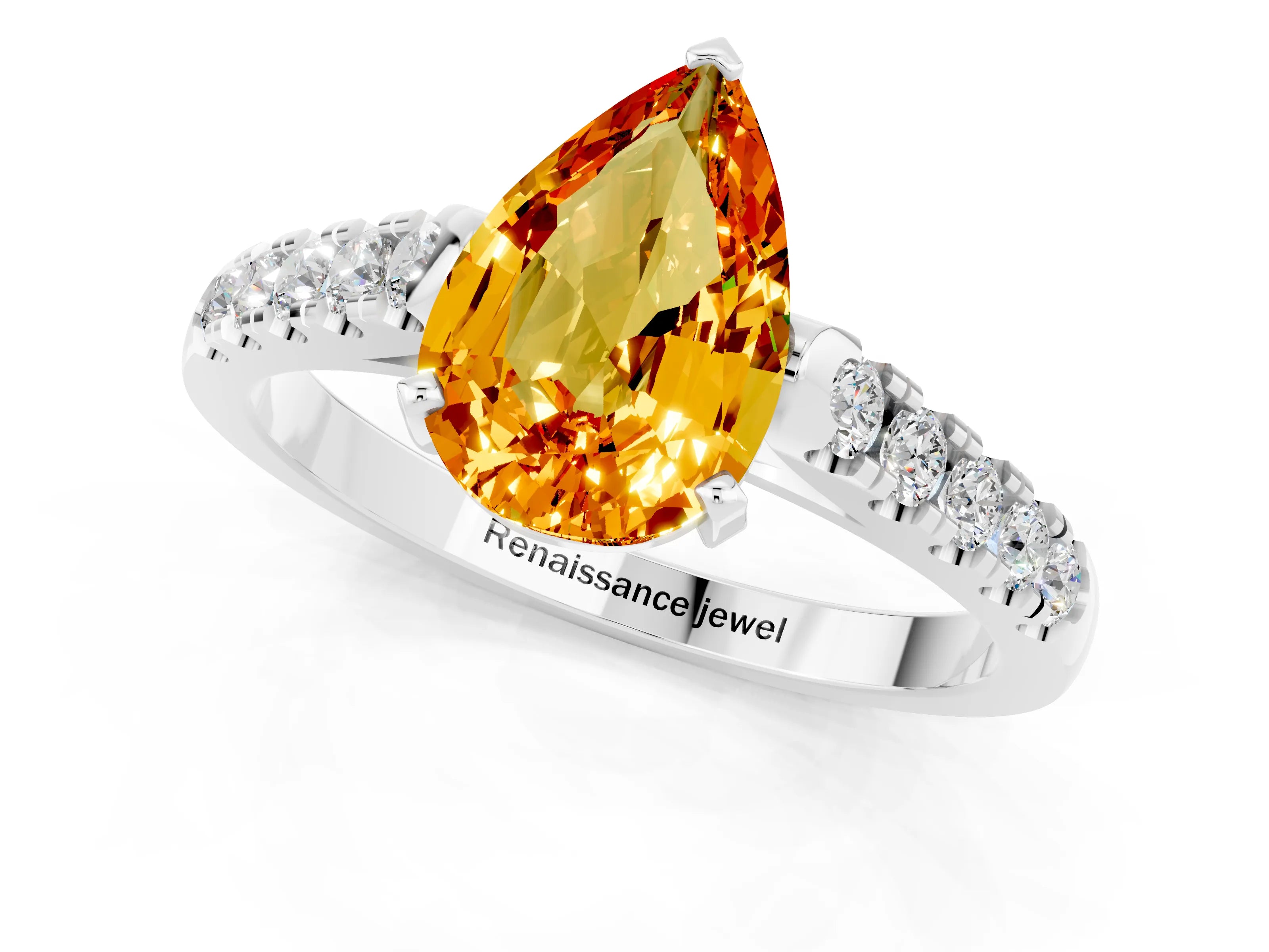 White gold {shape_name} Citrine Solitaire Ring with Pavé Band and Four-Prong Setting_13