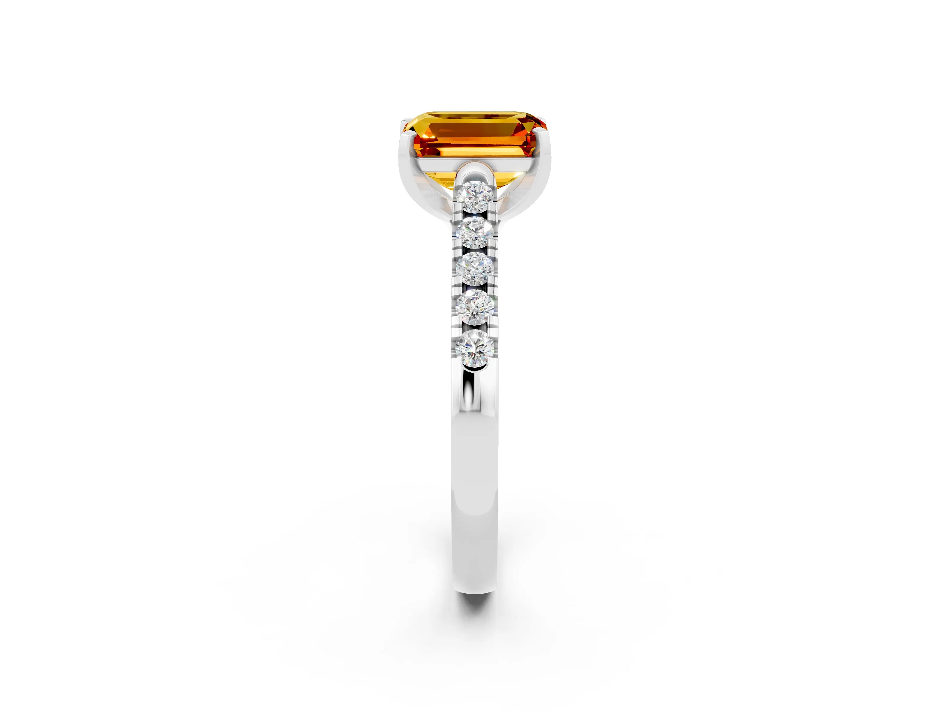 White gold {shape_name} Citrine Solitaire Ring with Pavé Band and Four-Prong Setting_14