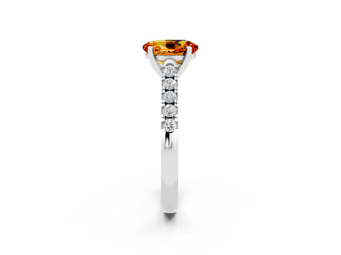 White gold {shape_name} Citrine Solitaire Ring with Pavé Band and Four-Prong Setting_14