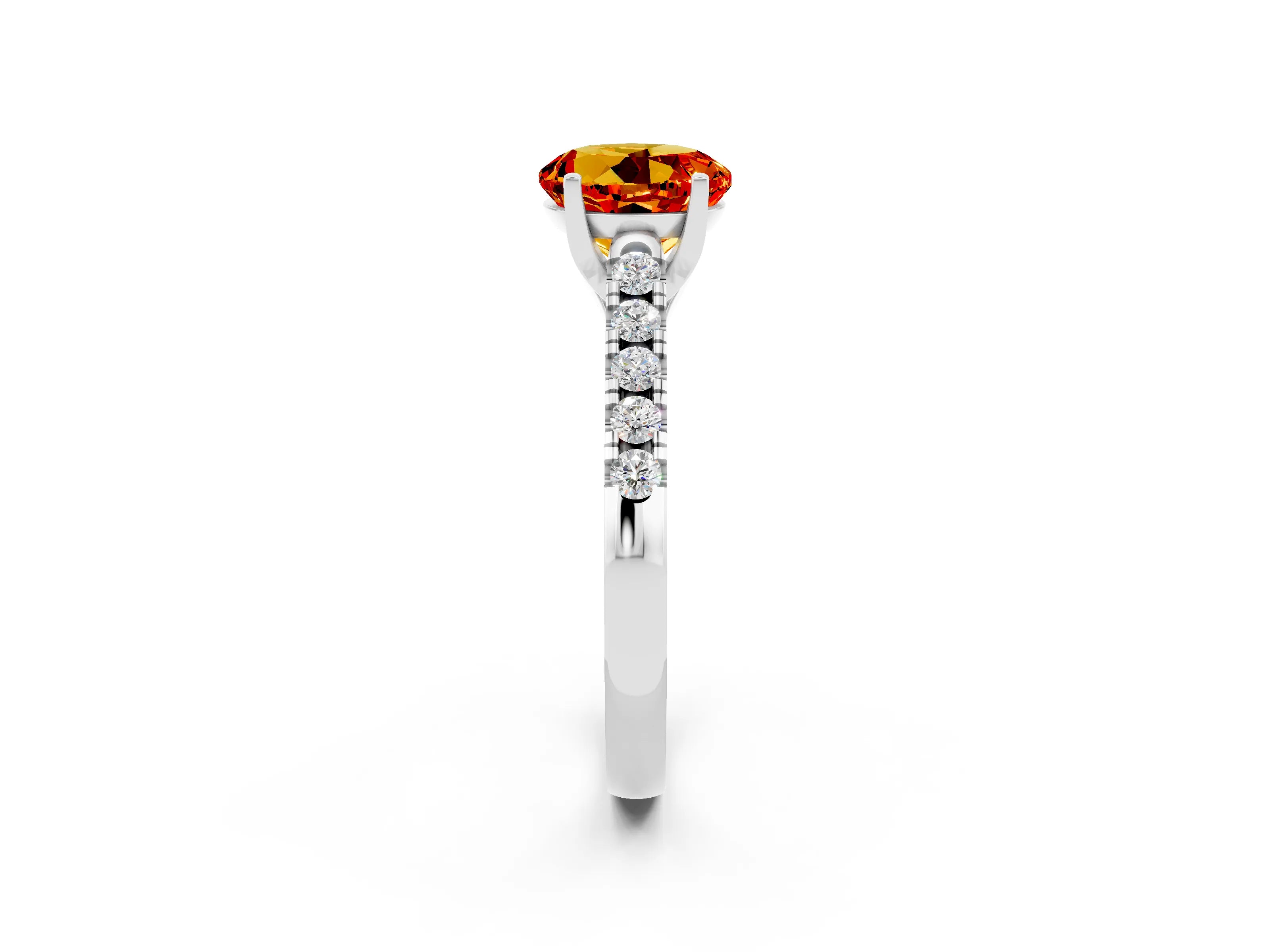 White gold {shape_name} Citrine Solitaire Ring with Pavé Band and Four-Prong Setting_14