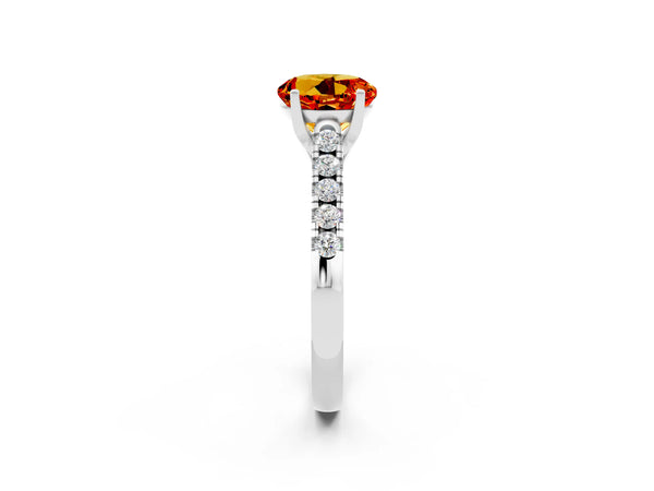 White gold Round Cut Citrine Pavé Band Solitaire Ring with Prong Setting