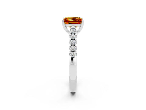White gold {shape_name} Citrine Solitaire Ring with Pavé Band and Four-Prong Setting_14