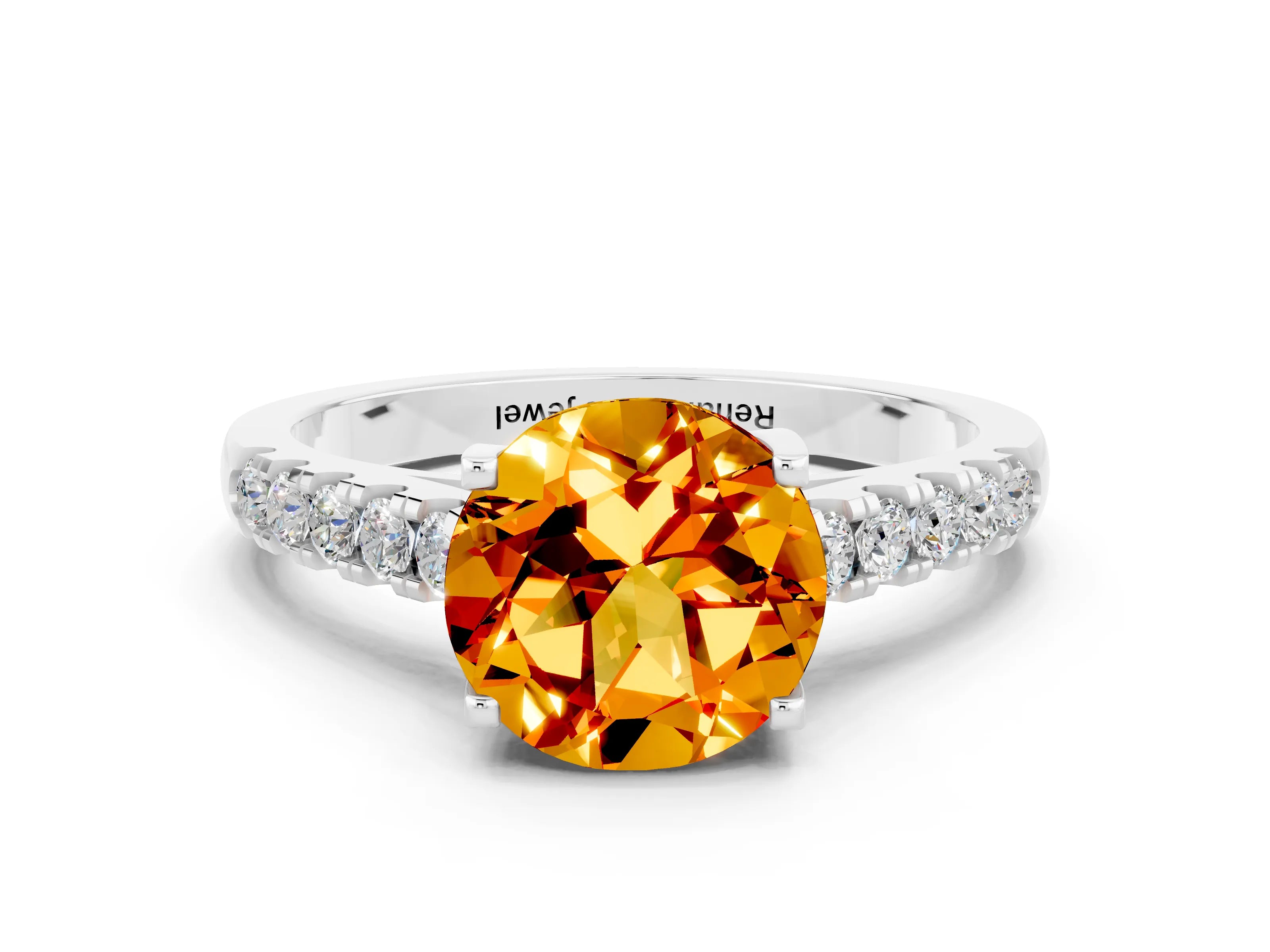 White gold {shape_name} Citrine Solitaire Ring with Pavé Band and Four-Prong Setting