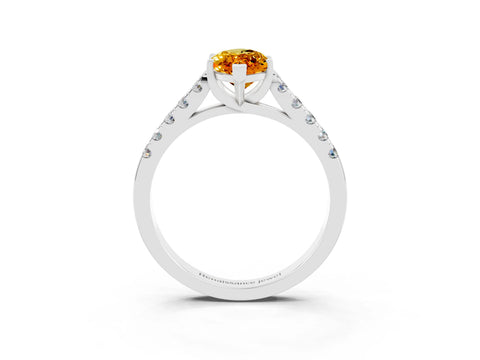 White gold {shape_name} Citrine Solitaire Ring with Pavé Band and Four-Prong Setting_15