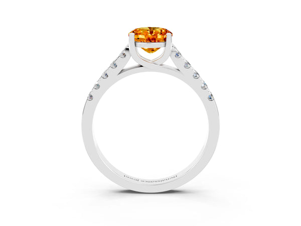White gold Oval Cut Citrine Pavé Band Solitaire Ring with Prong Setting