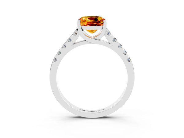 White gold Cushion Cut Citrine Pavé Band Solitaire Ring with Prong Setting