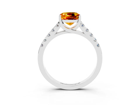 White gold {shape_name} Citrine Solitaire Ring with Pavé Band and Four-Prong Setting_15