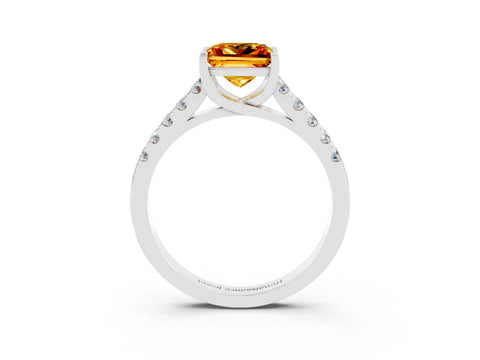 White gold {shape_name} Citrine Solitaire Ring with Pavé Band and Four-Prong Setting_15