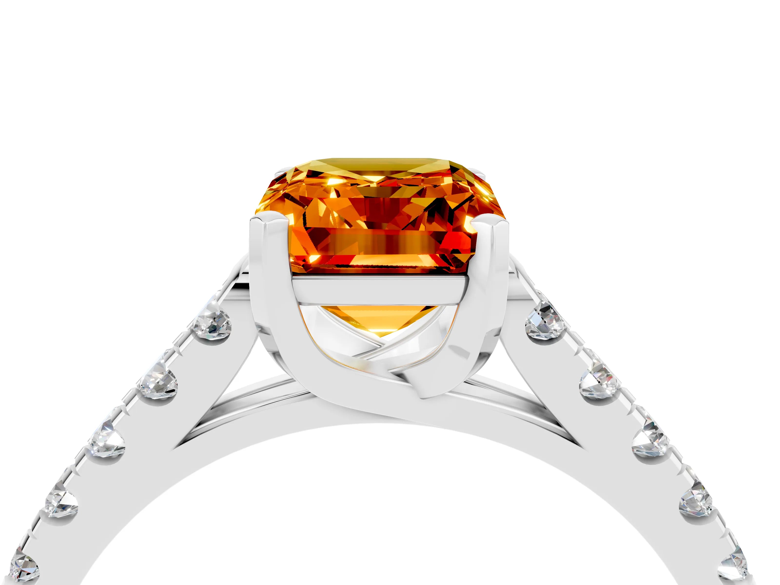 White gold {shape_name} Citrine Solitaire Ring with Pavé Band and Four-Prong Setting_16