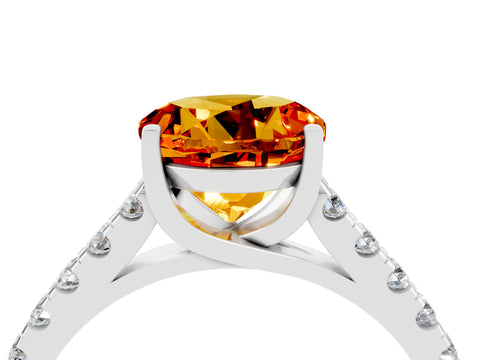 White gold {shape_name} Citrine Solitaire Ring with Pavé Band and Four-Prong Setting_16