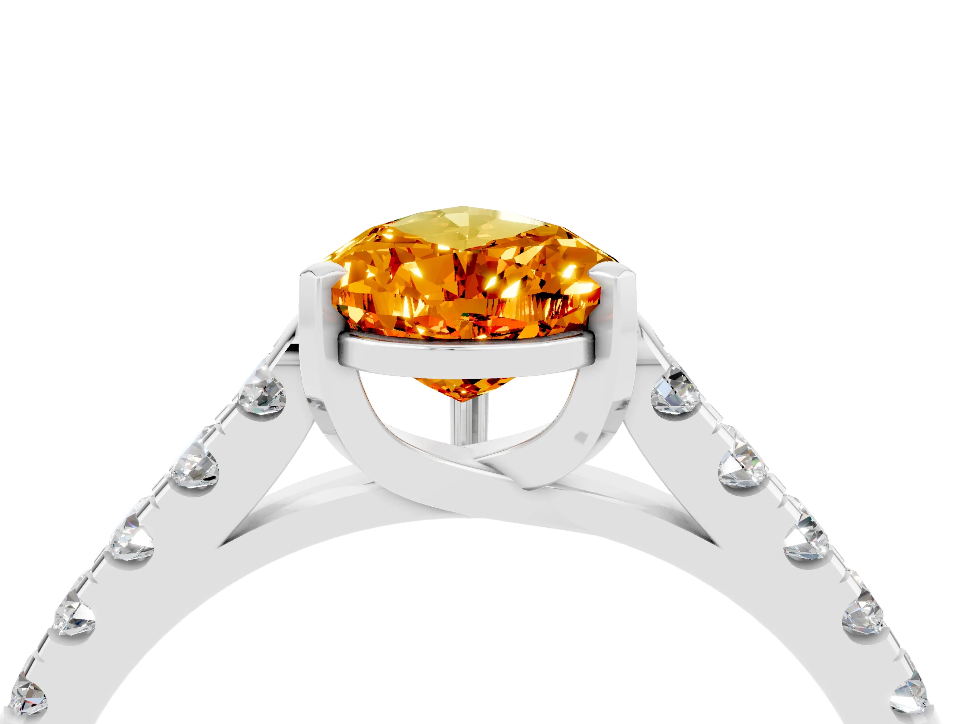 White gold {shape_name} Citrine Solitaire Ring with Pavé Band and Four-Prong Setting_16