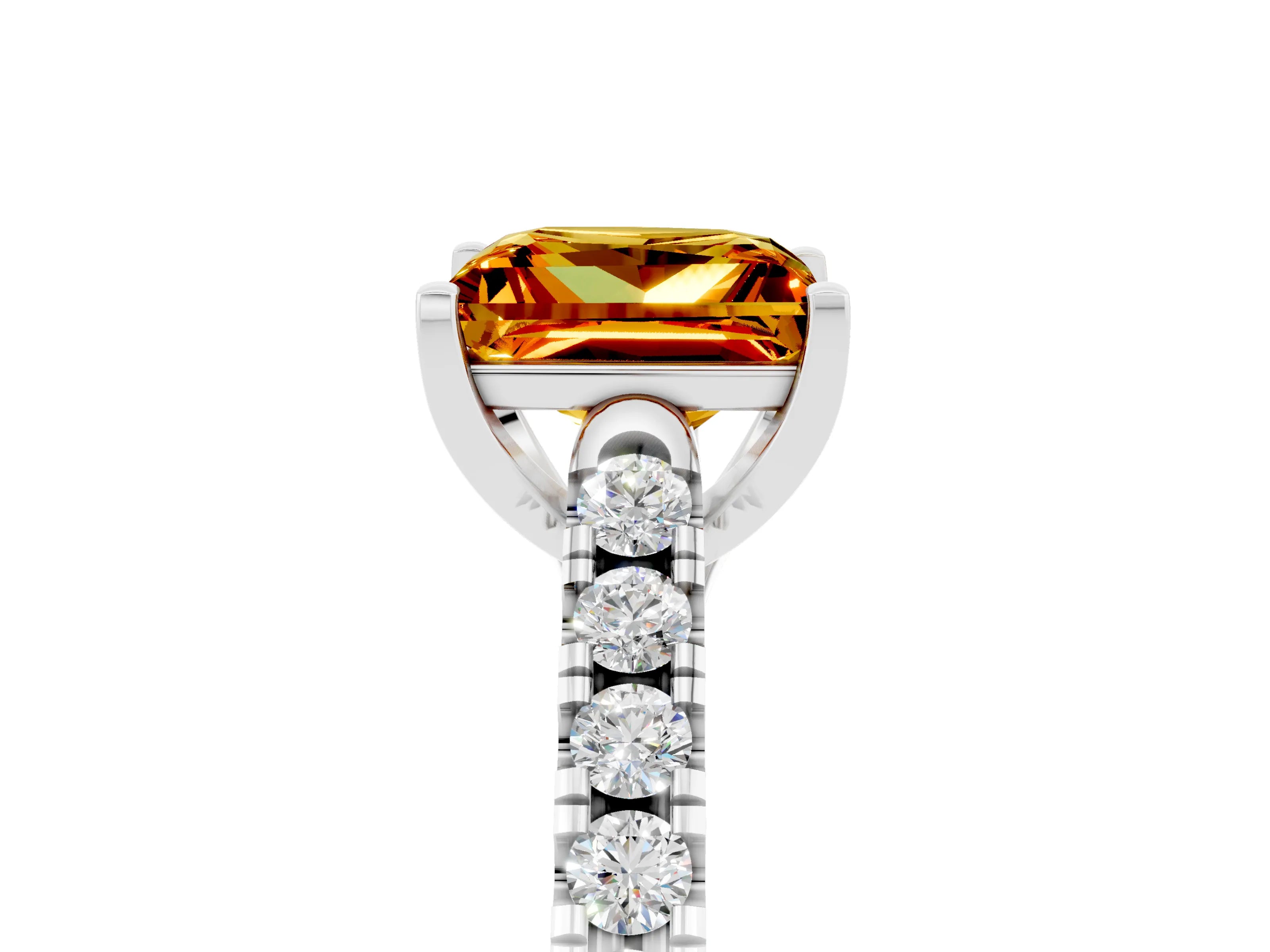 White gold {shape_name} Citrine Solitaire Ring with Pavé Band and Four-Prong Setting_17