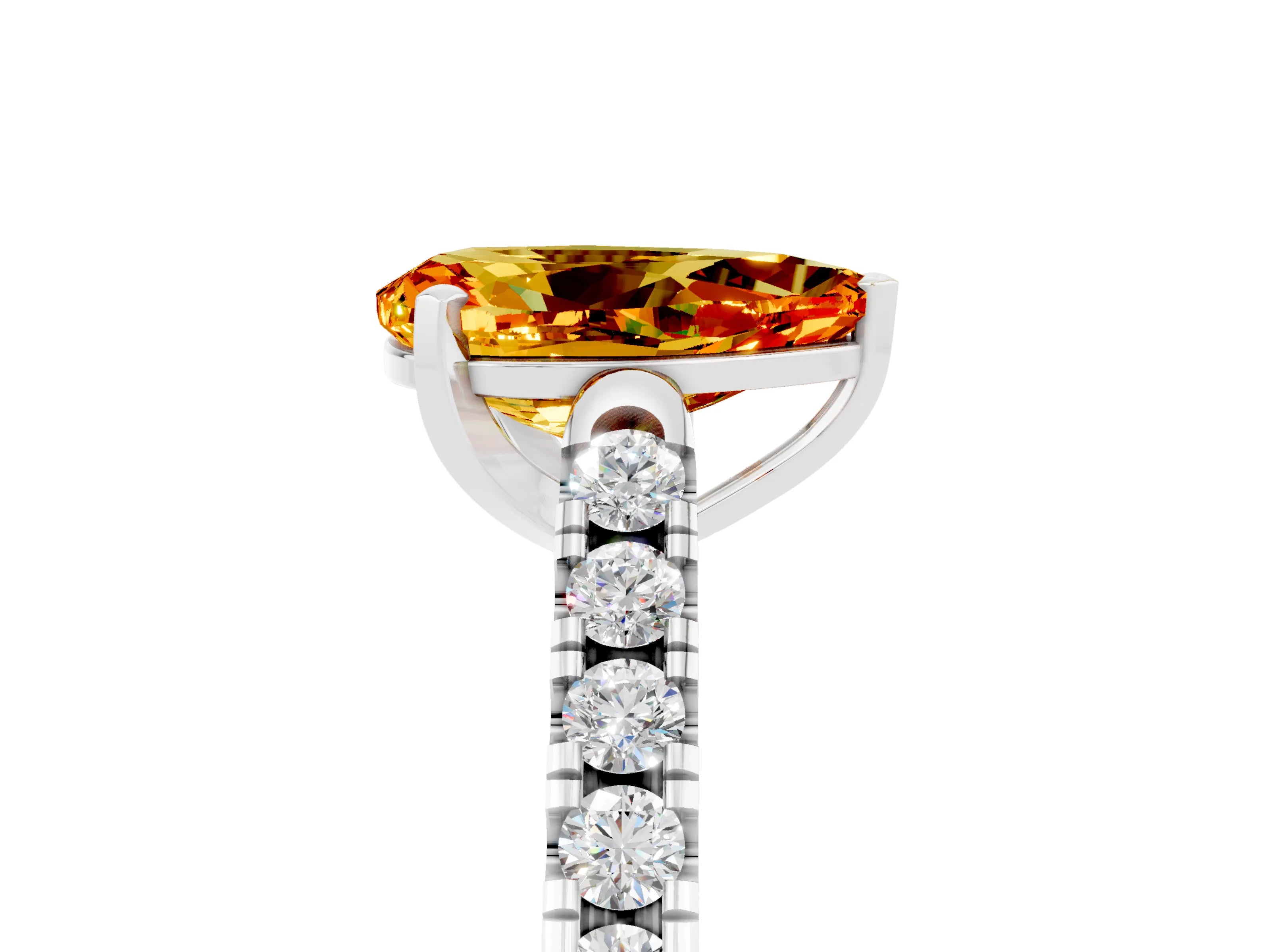 White gold {shape_name} Citrine Solitaire Ring with Pavé Band and Four-Prong Setting_17