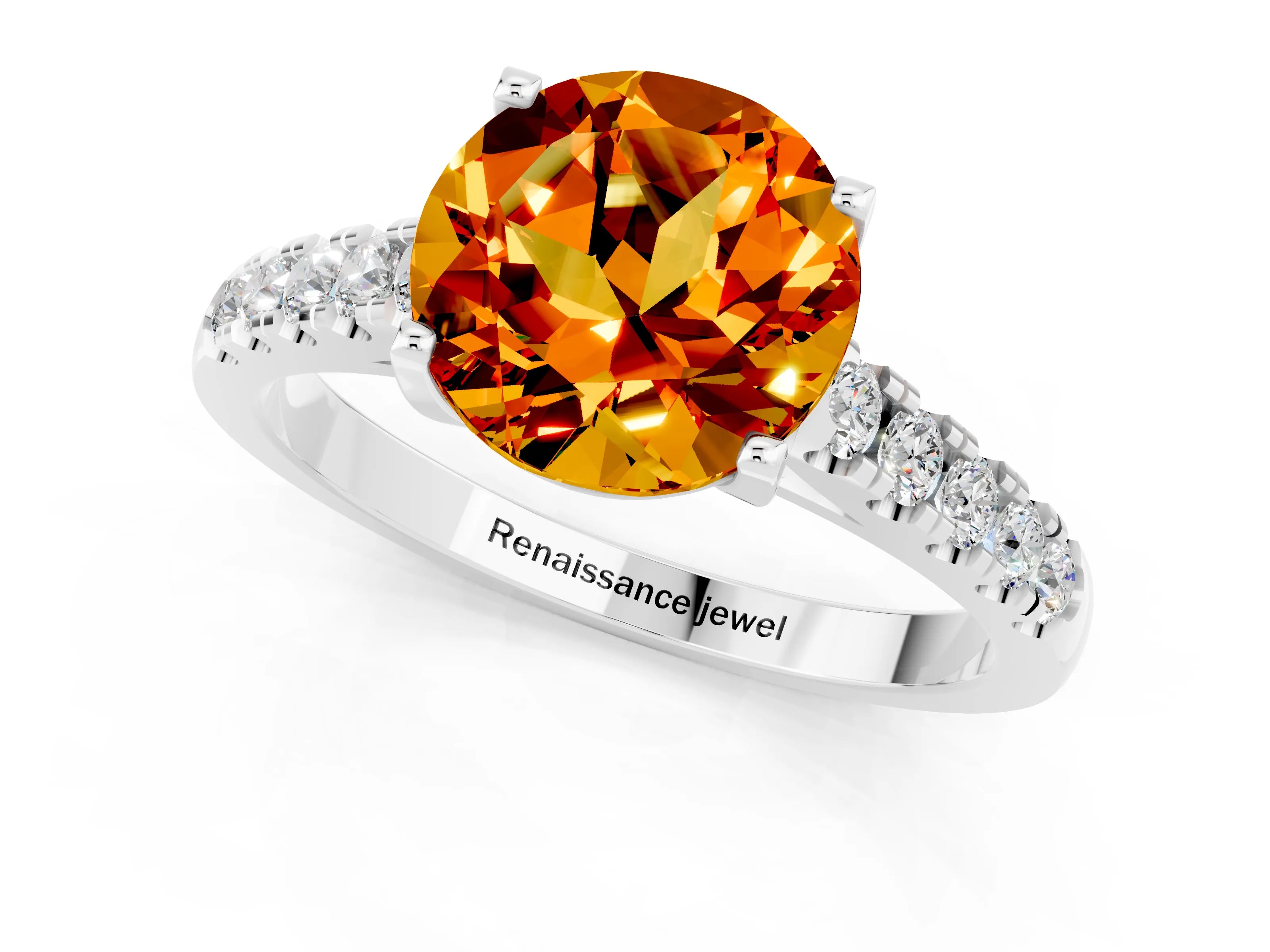 White gold {shape_name} Citrine Solitaire Ring with Pavé Band and Four-Prong Setting_1