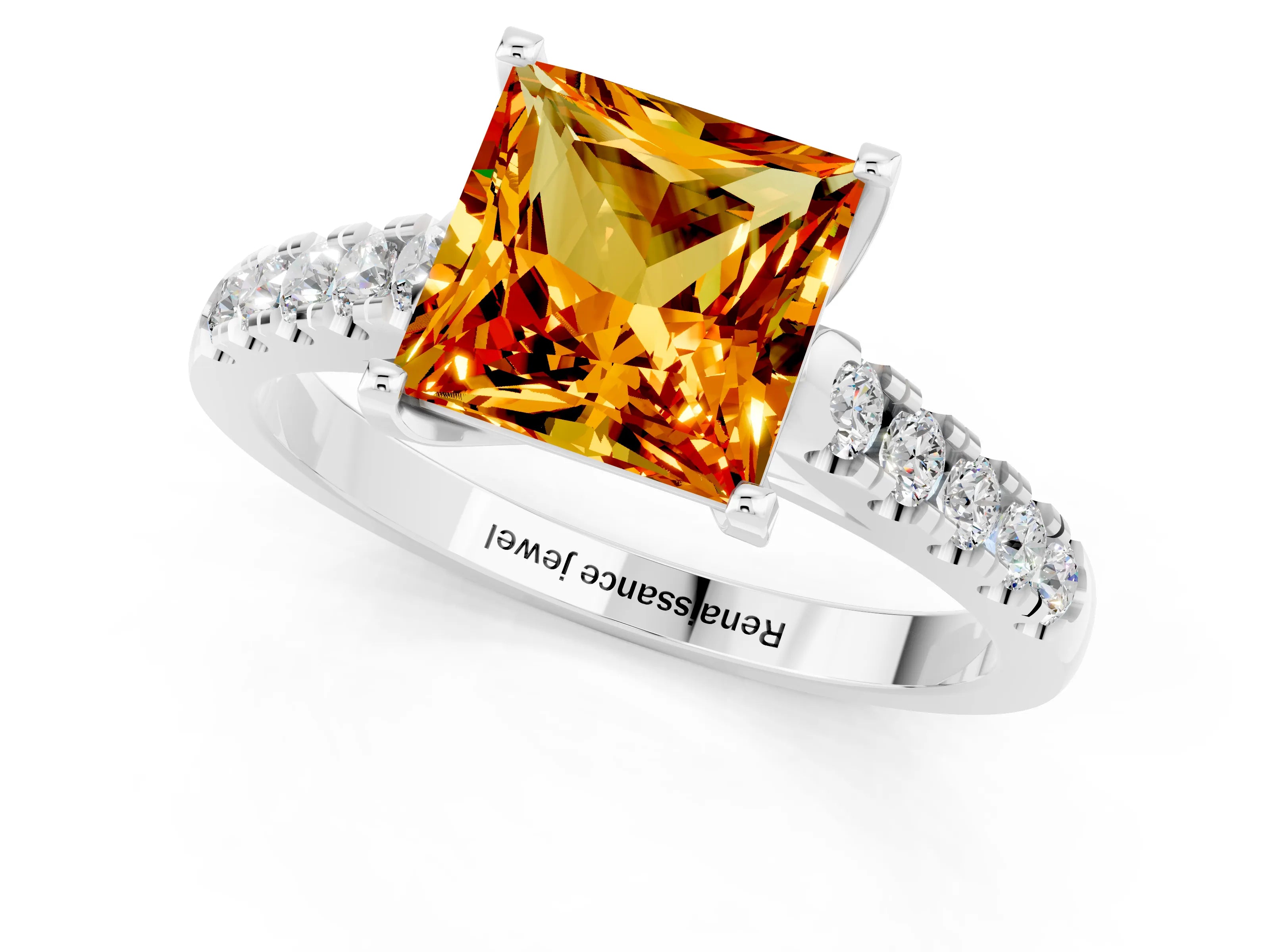 White gold {shape_name} Citrine Solitaire Ring with Pavé Band and Four-Prong Setting_1
