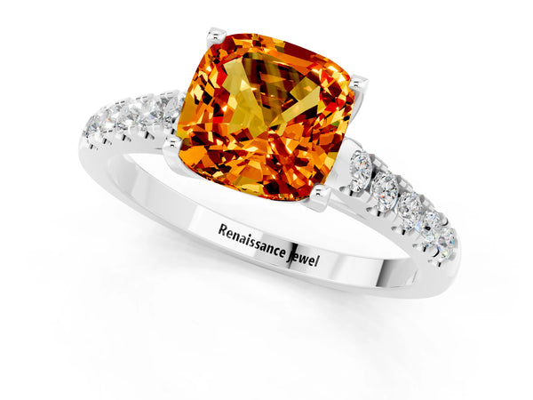 Silver Cushion Cut Citrine Pavé Band Solitaire Ring with Prong Setting