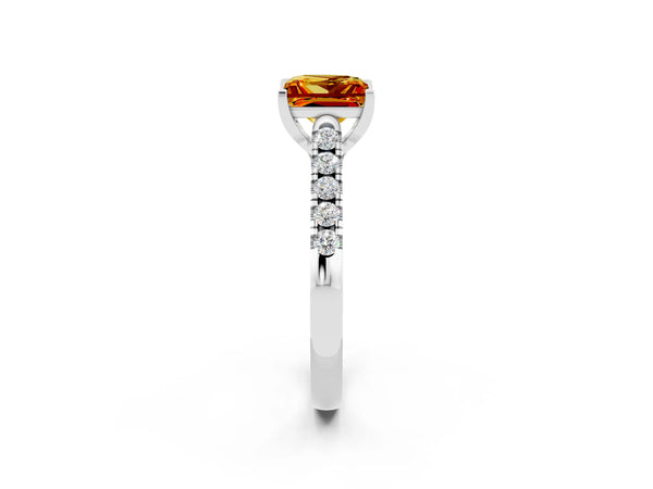 Platinum Princess Cut Citrine Pavé Band Solitaire Ring with Prong Setting