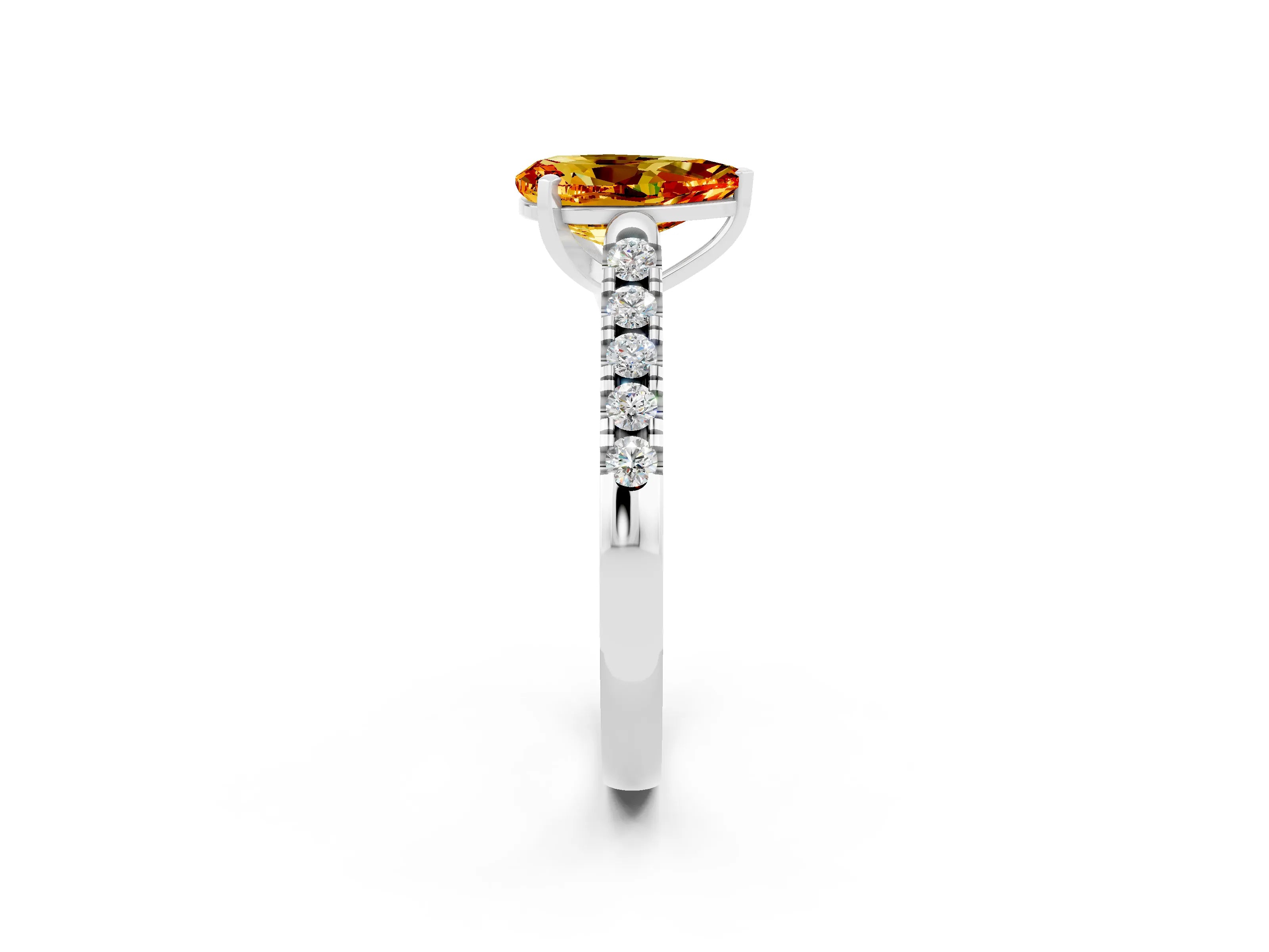 White gold {shape_name} Citrine Solitaire Ring with Pavé Band and Four-Prong Setting_2