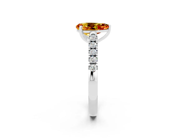 Silver Pear Cut Citrine Pavé Band Solitaire Ring with Prong Setting