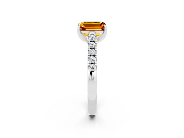 Platinum Emerald Cut Citrine Pavé Band Solitaire Ring with Prong Setting